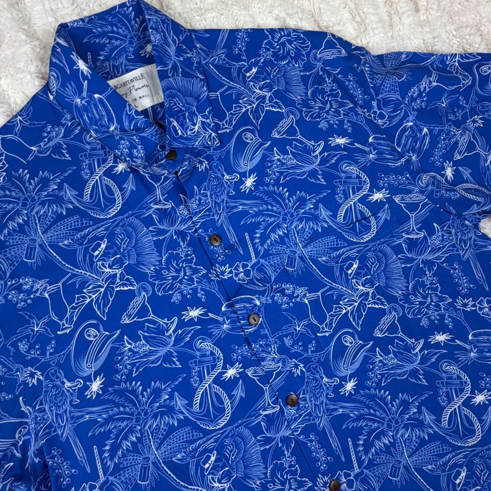 Margaritaville Kenny Flowers Mens Large Blue Tropical Rayon Button Down Shirt